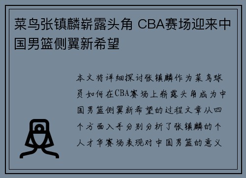 菜鸟张镇麟崭露头角 CBA赛场迎来中国男篮侧翼新希望